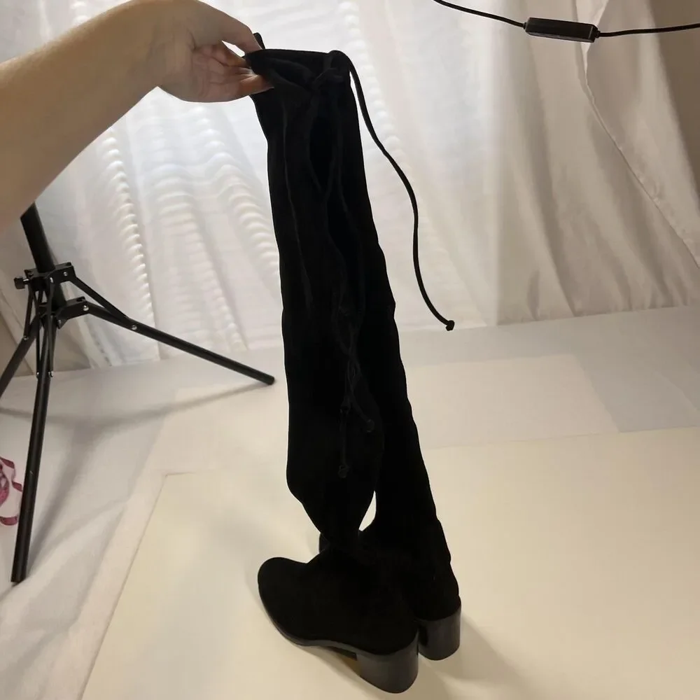 Stuart Weitzman Suede Tieland Boots 8 Black Over The Knee Chunky Block Heel